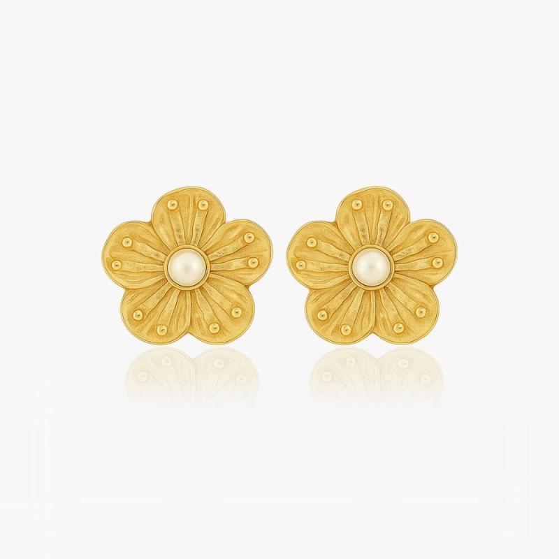Blomster Med Perle 18k Guldbelagt - Øreringe