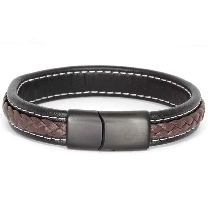Sort Major Brown Læderarmbånd Med Mat Stållås - Armbånd