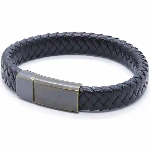Sort Px7 Netri Læderflet Mørk Stål Lås - Armbånd