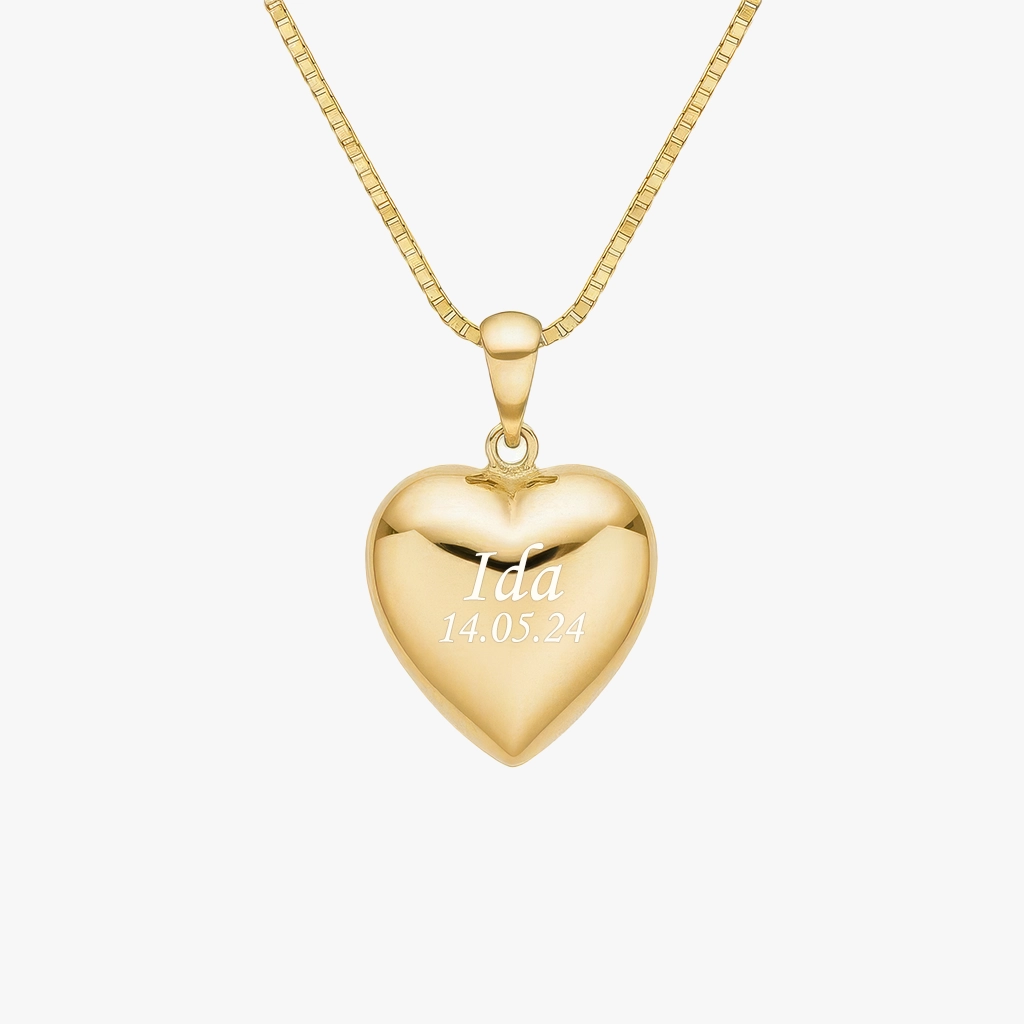 8kt Guld Hjerte Halskæde 14mm Med Personlig Gravering Siersbøl - Halskæder  - 711008157270