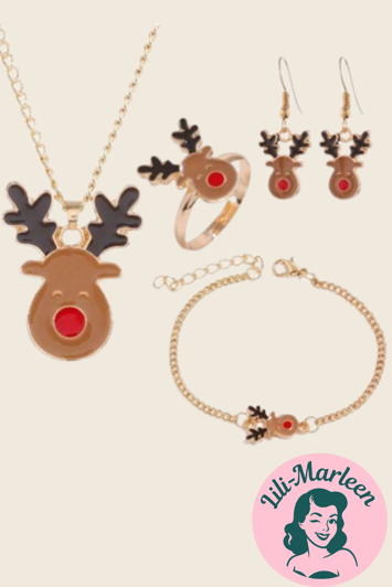 Julesmykkesæt: Halskæde øreringe Armbånd Ringe Med Rudolf - Armbånd