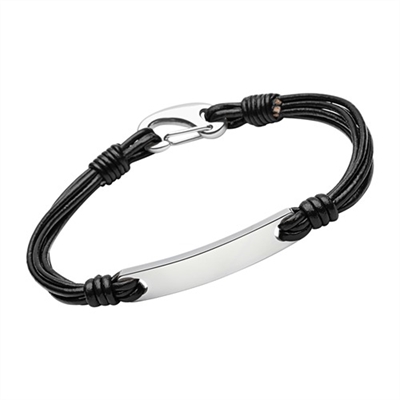 Sort Læderarmbånd Med Graveringsplade Eller Mulighed For Gravering - Armbånd