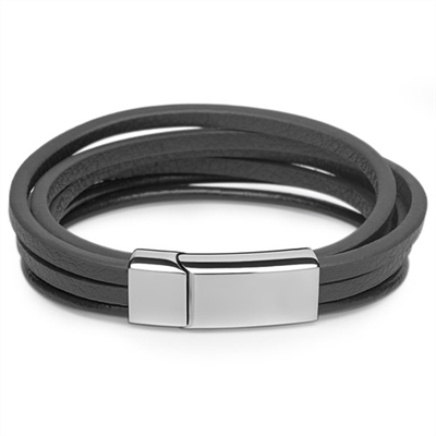 Sort Læderarmbånd Med Stållås Eller Mulighed For Gravering - Armbånd
