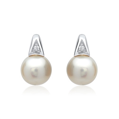 Hvid Ørestikker Guld Med Ferskvandsperler Diamanter - Ørestikkere