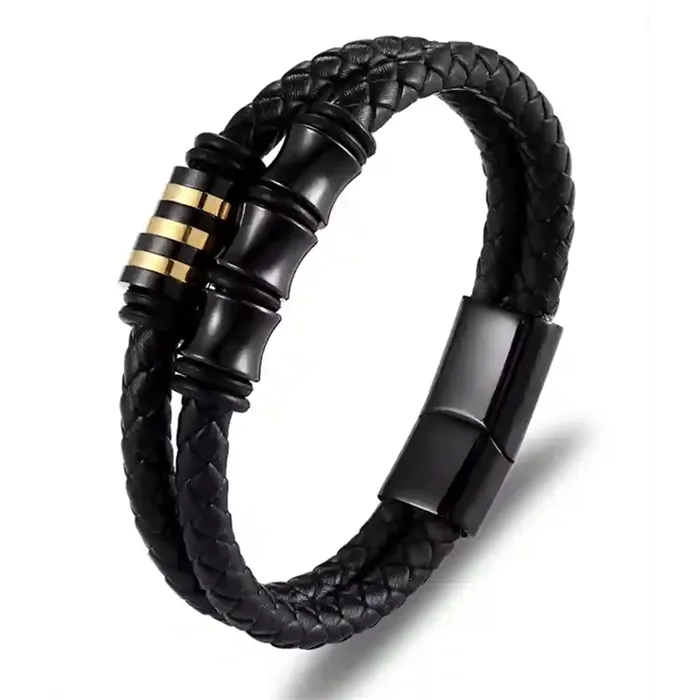 Sort Black Hsk Elite Herrearmbånd Læder & Forgyldt Ædelstål - Armbånd