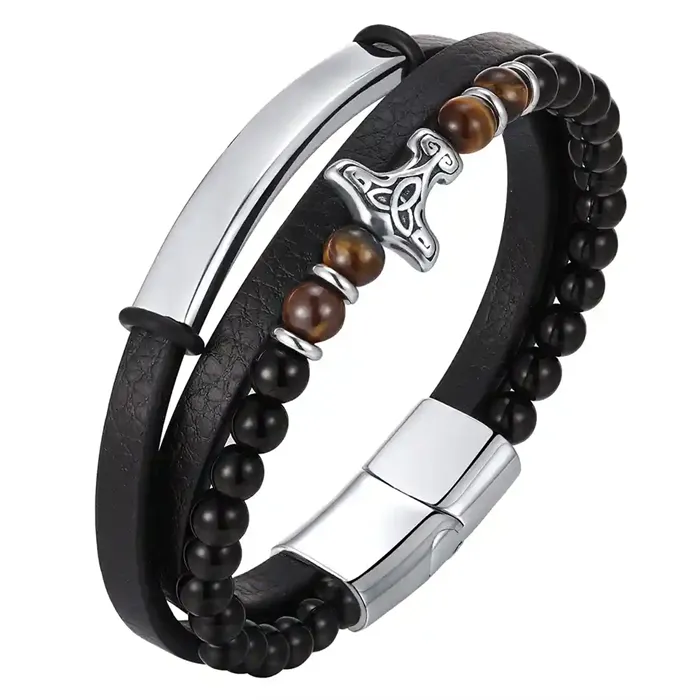 Sort Viking Spirit Armbånd Læder & Tiger Eye Perler - Armbånd
