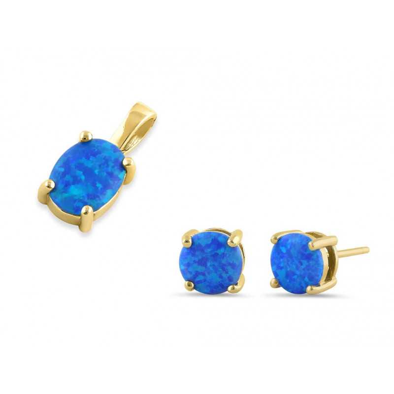 Oval Opal Smykkesæt Med øreringe Vedhæng Med Blå Opal Sten 925 Sterling Sølv & Guldbelægning - Opalsmykker.dk Øreringe