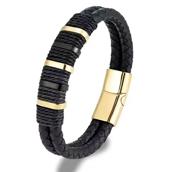 Sort Royal Bolo Duo Herrearmbånd Læder & Forgyldt Stål - Armbånd