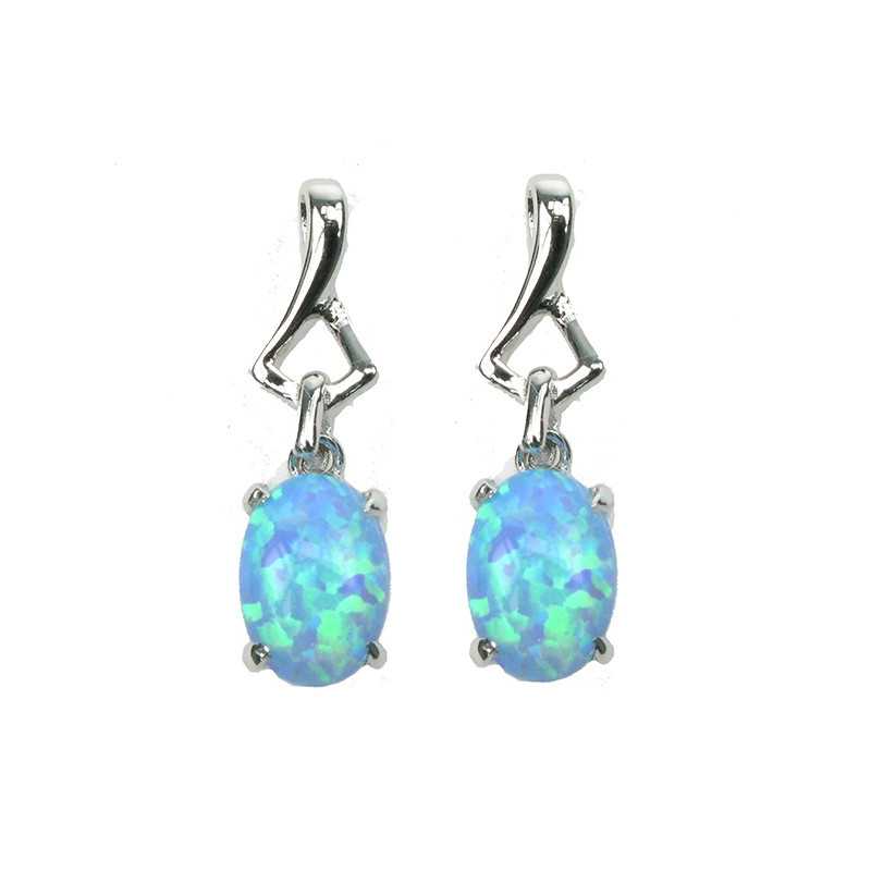 Oval Opal øreringe Med Blå Opal Sten 925 Sterling Sølv & Rhodium Belægning - Opalsmykker.dk Øreringe