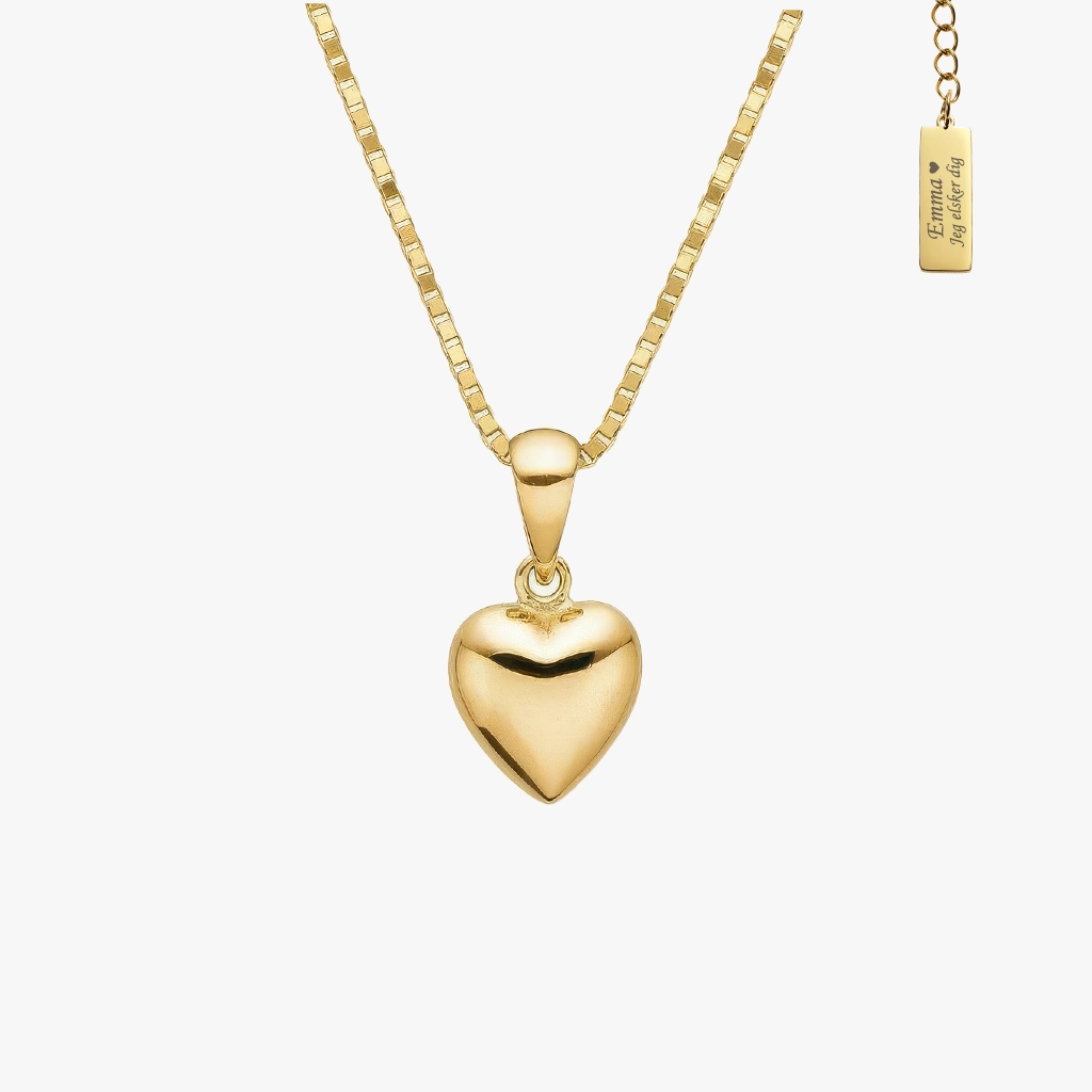 8kt Guld Hjerte Halskæde 8mm Med Personlig Gravering Siersbøl - Halskæder  - 711008157218