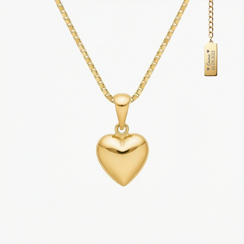 8kt Guld Hjerte Halskæde 10mm Med Personlig Gravering Siersbøl - Halskæder  - 711008157232