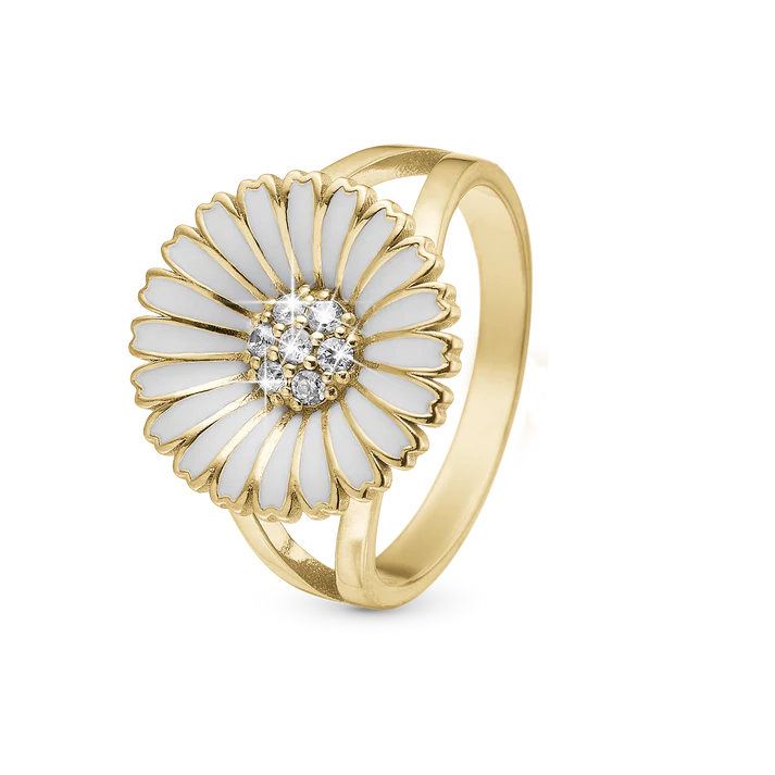 Hvid Marguerit Ø15mm Ring Forgyldt Sterling Sølv E Cubic Zirkonia - Christina Fingerringe