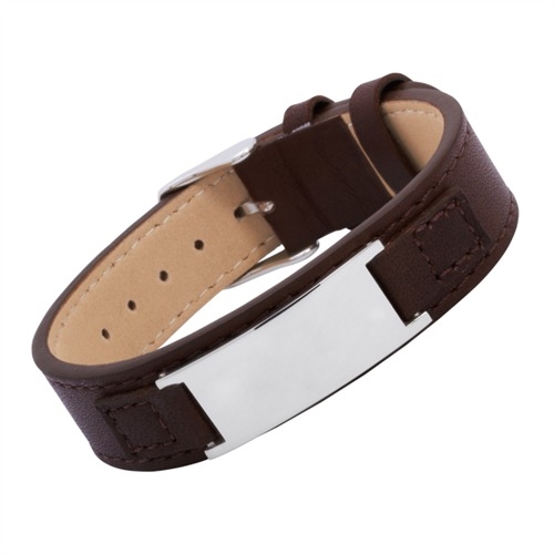 Brunt Læderarmbånd Med Stålplade Til Mulighed For Gravering - Armbånd