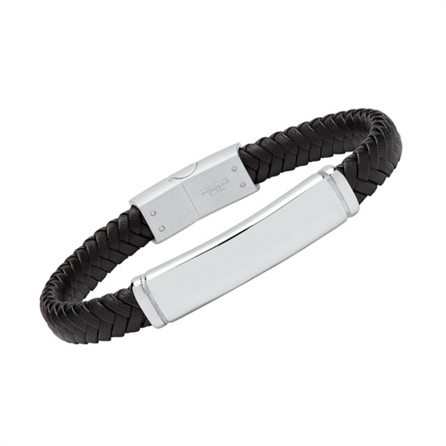 Sort Læderarmbånd Med Graverinsgplade Eller - Armbånd