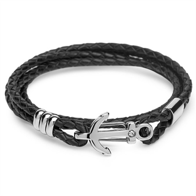 Sort Læderarmbånd Med Anker - Armbånd