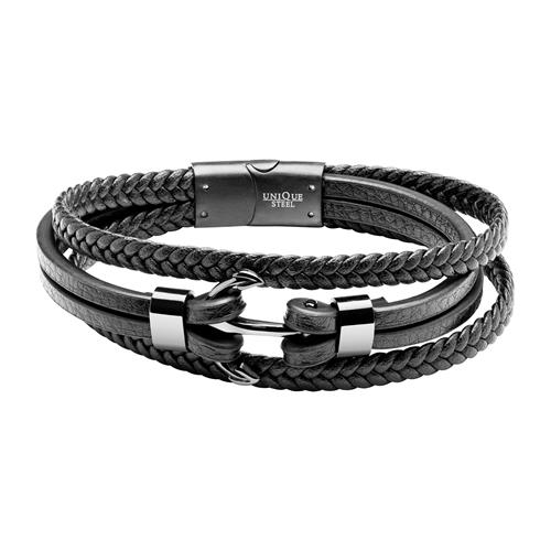 Sort Herrearmbånd Læder Med Anker Eller Mulighed For Gravering - Armbånd