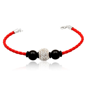 Læderarmbånd Med Charm Led Sorte Glaskugler - Armbånd