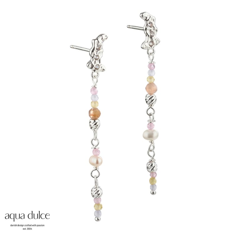 Hvid Pretty Pastel Mix Ørestikker Sterling Sølv Med Ruflet Vedhæng Zirkonia Halvædelsten & E - Aqua Dulce Ørestikkere  - 5740013852566