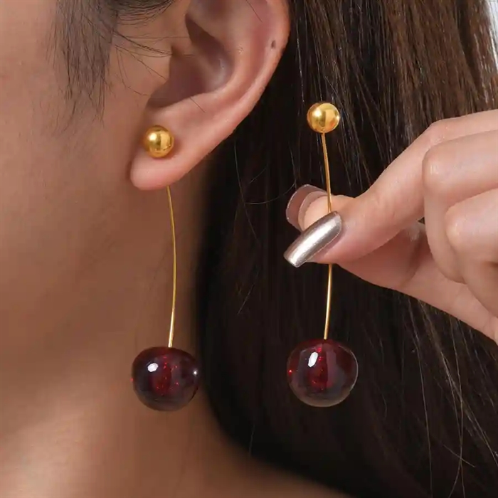 Cherry Drop Ørering Kirsebærdesign Forgyldt Ædelmetal Stk - Øreringe