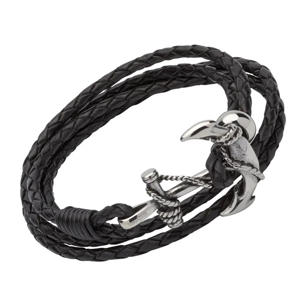 Sort Maritimt Læderarmbånd Med Detaljeret Anker - Armbånd