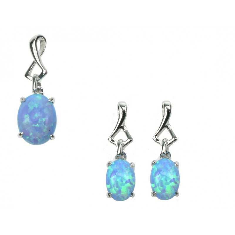 Oval Opal Smykkesæt Vedhæng øreringe Med Blå Opal Sten 925 Sterling Sølv Rhodium Belægning - Opalsmykker.dk Øreringe