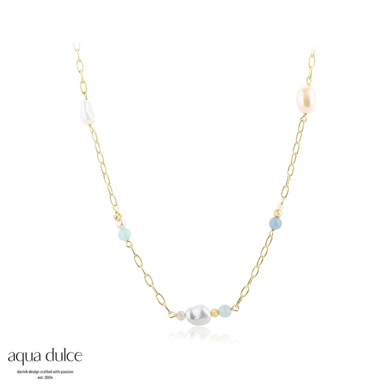 Sky Blue Pearl Necklace Golden - Aqua Dulce Halskæder  - 5740013856571