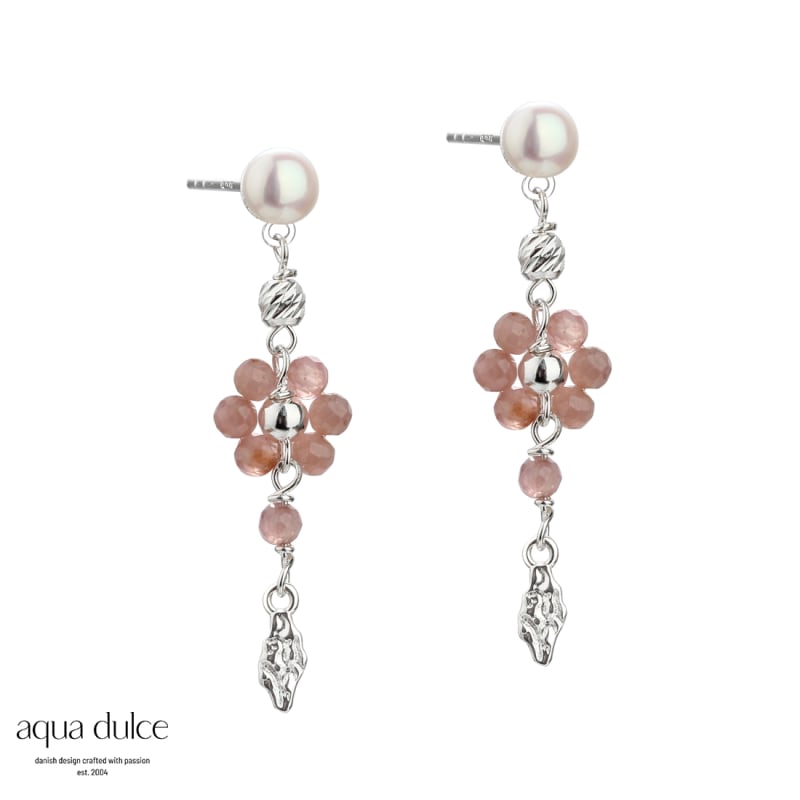 Rosa Daisy Rose Ørestikker Sterling Sølv Med Sunstone Blomster Perler & Ruflet Vedhæng - Aqua Dulce Ørestikkere  - 5740013850005