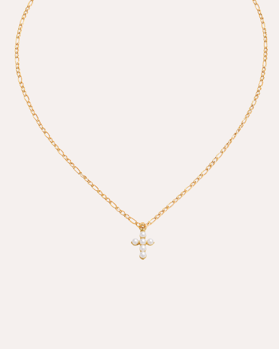 Pearl Cross Necklace Forgyldt - Khaai Studio Halskæder