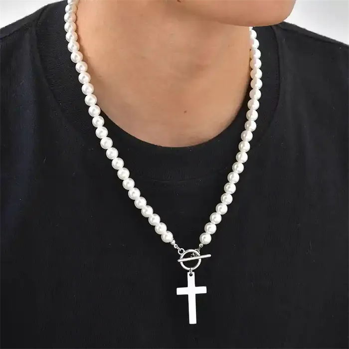 Pearl Cross Necklace Perlekæde Til Mænd Rustfrit Stål - Halskæder