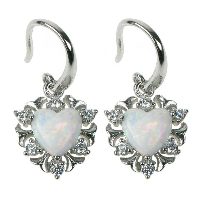 Hvid Sne Opal Hjerte Opal øreringe Med Sne Opal Sten 925 Sterling Sølv Zirkonia & Rhodium Belægning - Opalsmykker.dk Øreringe
