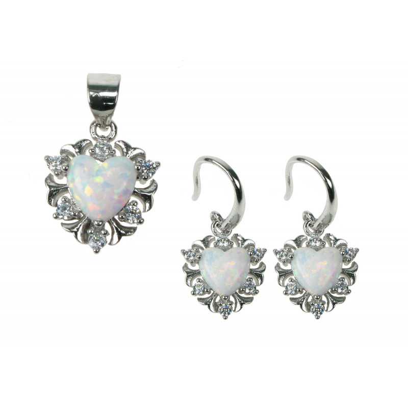 Hvid Sne Opal Hjerte Smykkesæt Med øreringe Vedhæng Med Sne Opal Sten 925 Sterling Sølv Zirkonia & Rhodium Belægning - Opalsmykker.dk Øreringe