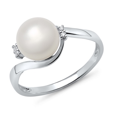 Hvid Ring Guld Med Ferskvandsperle Diamanter 028 - Fingerringe