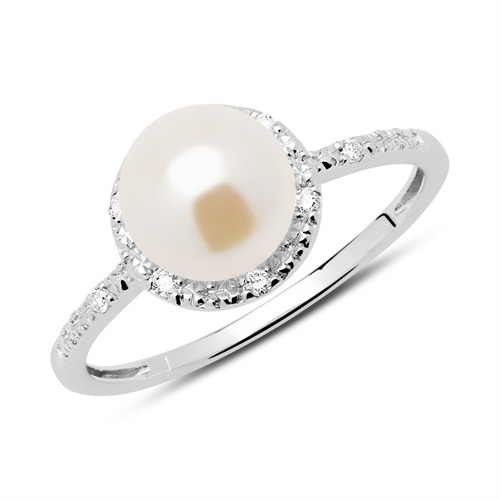 Hvid Ring Guld Med Ferskvandsperle Diamanter - Fingerringe
