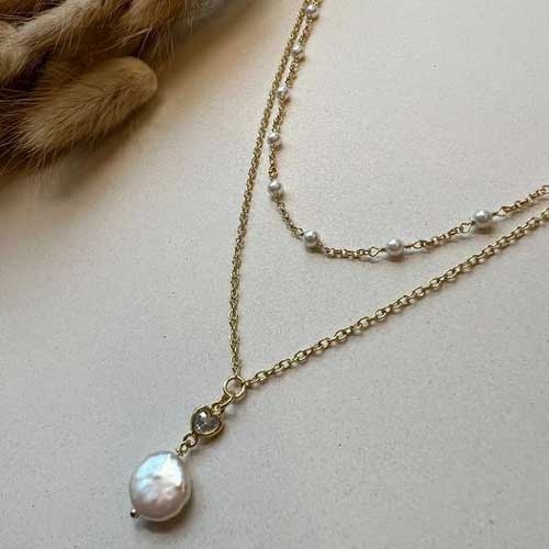 Collier Forgyldt Sølv Med Perler Zirkoniasten - Halskæder