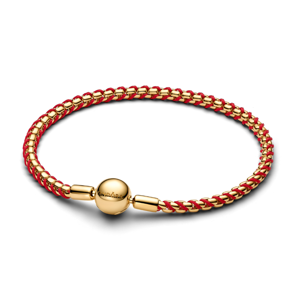 Pandora Guldbelagt Slangekæde Armbånd Med Rød Snor 563816c01 - Pandora Armbånd