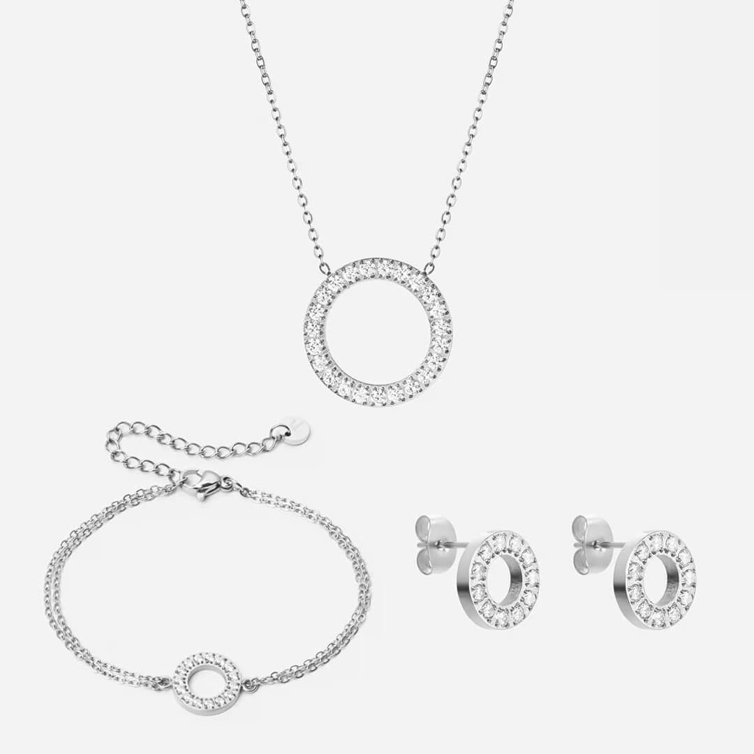 Circle Zirkon Halskæde 20mm Armbånd 12mm Sølvfarvet 10mm Sølvfarvet - Josephine Nord Øreringe
