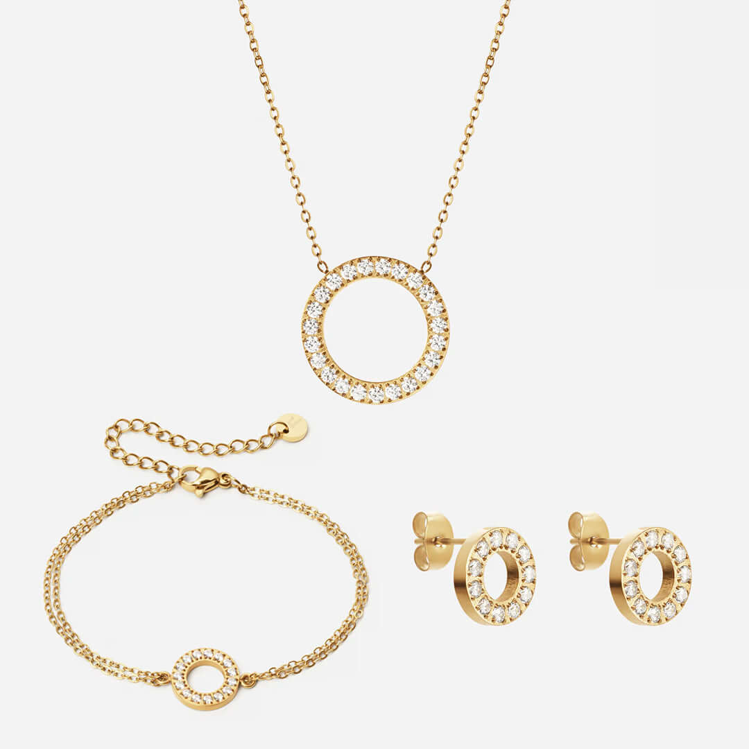 Circle Zirkon Halskæde 20mm Armbånd 12mm 10mm 18k Guldbelagt - Josephine Nord Øreringe