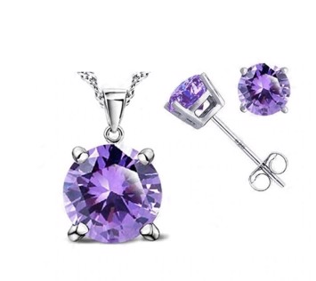 Børne Smykkesæt 925 Sølv Halskæde Vedhæng øreringe Glitrende Lilla Zirconia - Halskæder