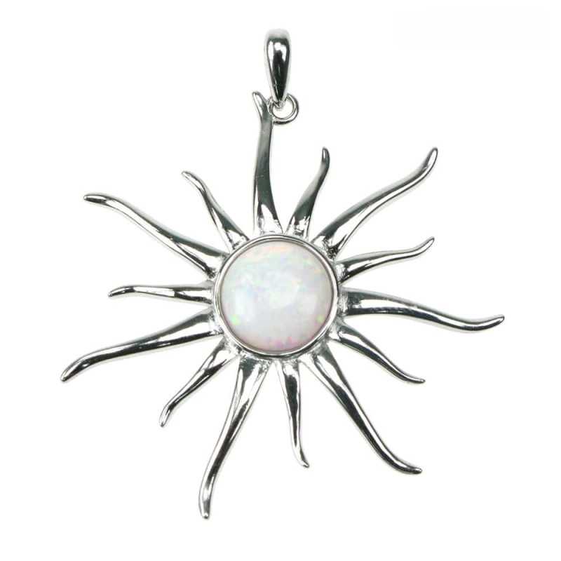 Hvid Opal Sol Sølv Smykke Halskæde Vedhæng Med Sne Opal Sten 925 Sterling Sølv & Rhodium Belægning - Opalsmykker.dk Halskæder