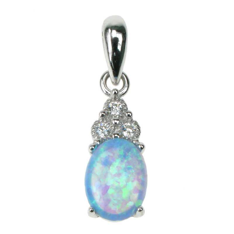 Oval Sølv Smykke Halskæde Vedhæng Med Blå Opal Sten 925 Sterling Sølv Zirkonia & Rhodium Belægning - Opalsmykker.dk Halskæder