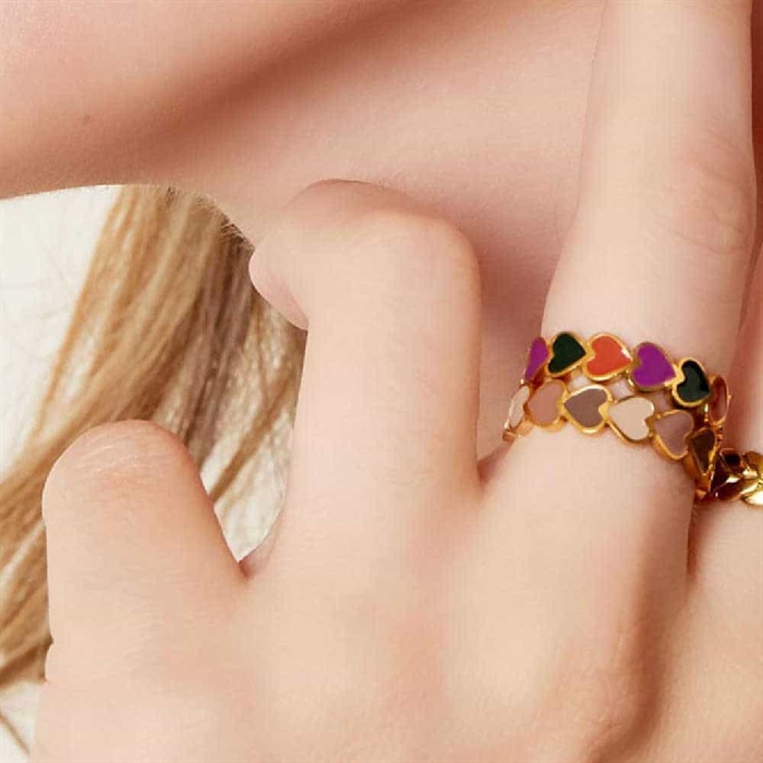 Colorfull Ring ædelstål Med Hjerter - Fingerringe